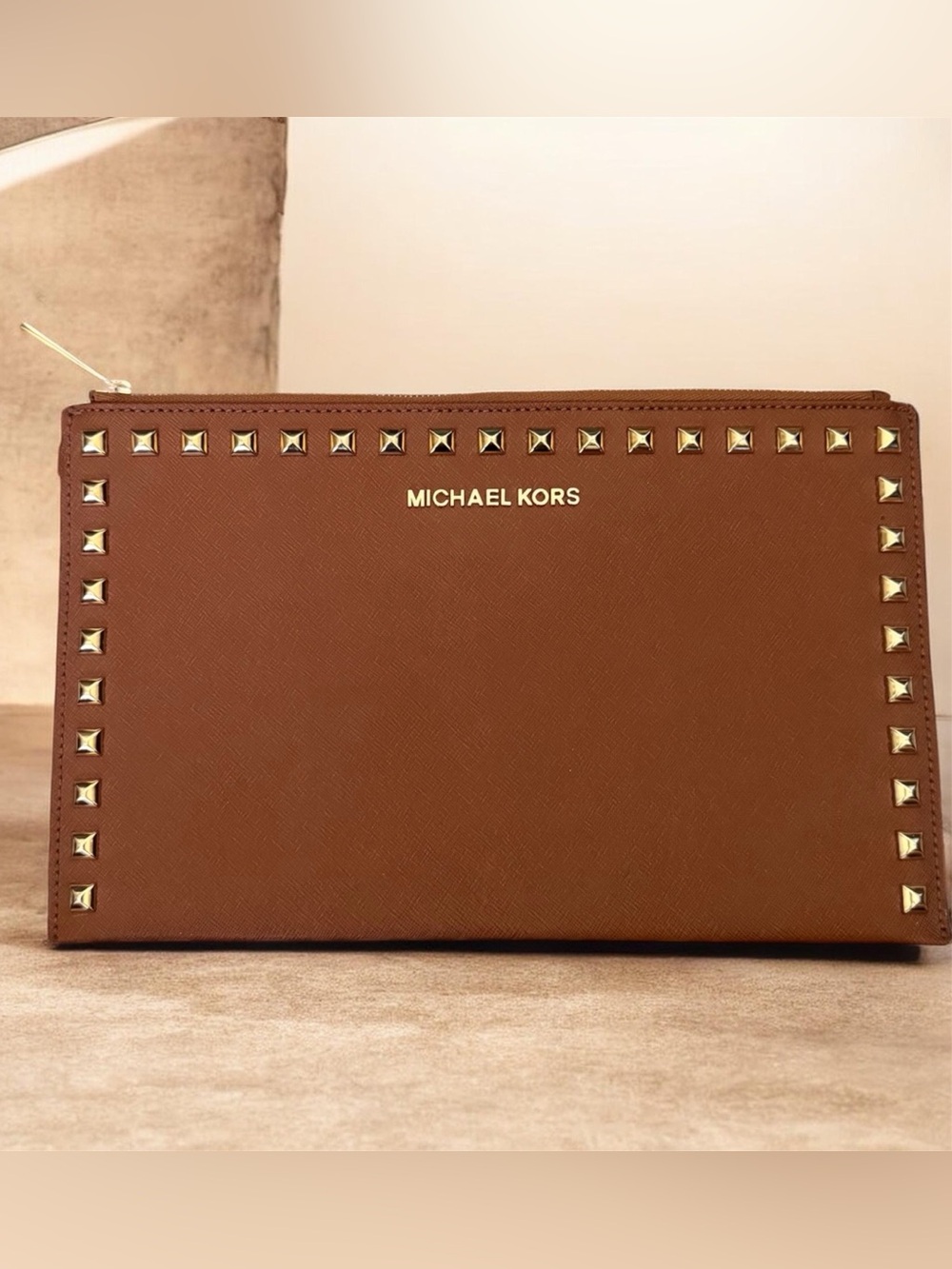 Michael Kors Brown Leather Studded Carry Pouch/ Clutch with Gold Hardware Studs - Picture 1 of 6